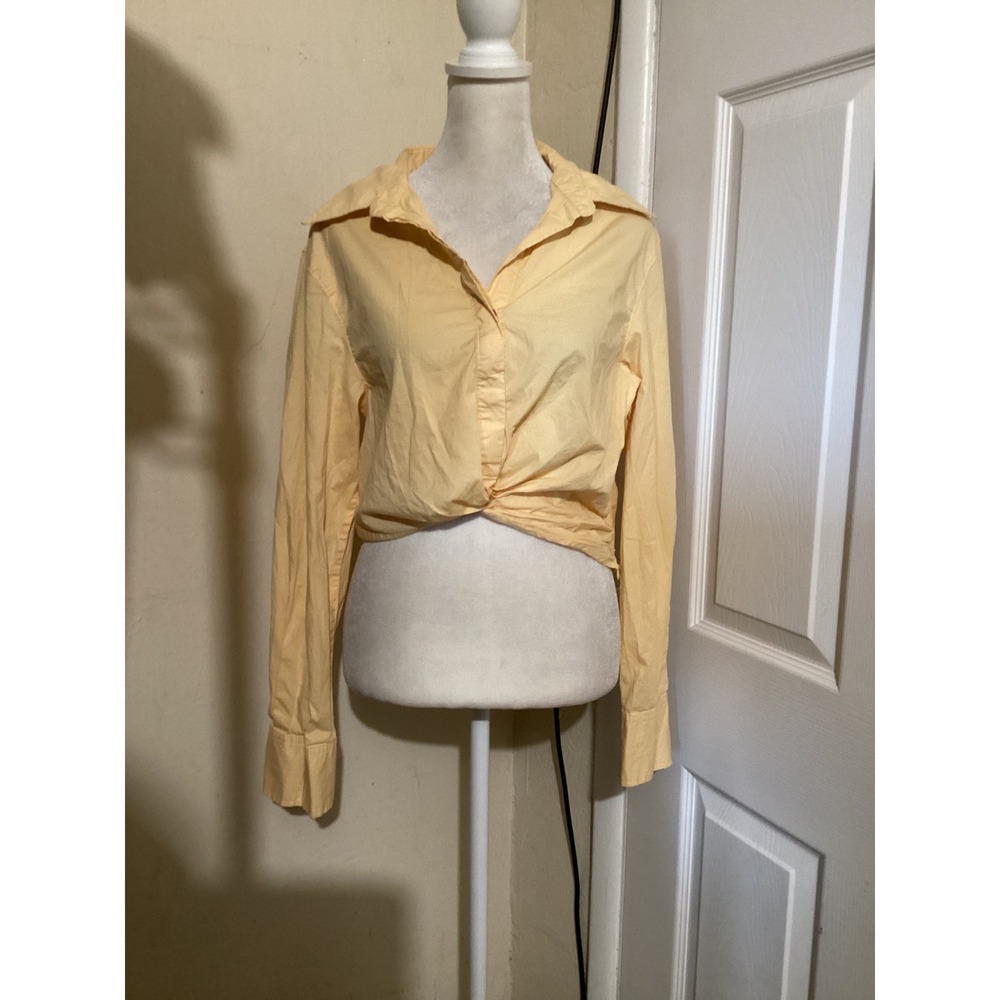 Jason Wu Womens Yellow Long Sleeve Twisted Front Cropped Button Up Blouse Size M